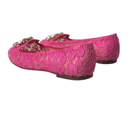 Dolce & Gabbana Pink Lace Crystal Ballet Loafers Shoes Dolce & Gabbana