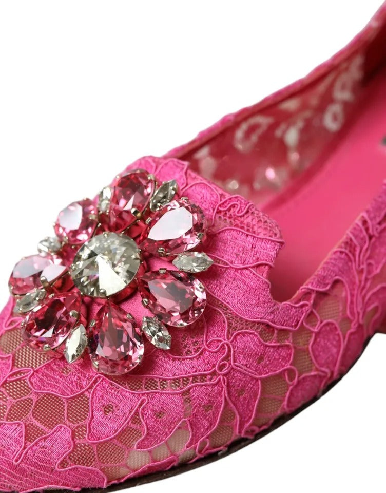 Dolce & Gabbana Pink Lace Crystal Ballet Loafers Shoes Dolce & Gabbana