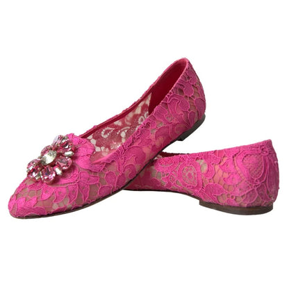 Dolce & Gabbana Pink Lace Crystal Ballet Loafers Shoes Dolce & Gabbana