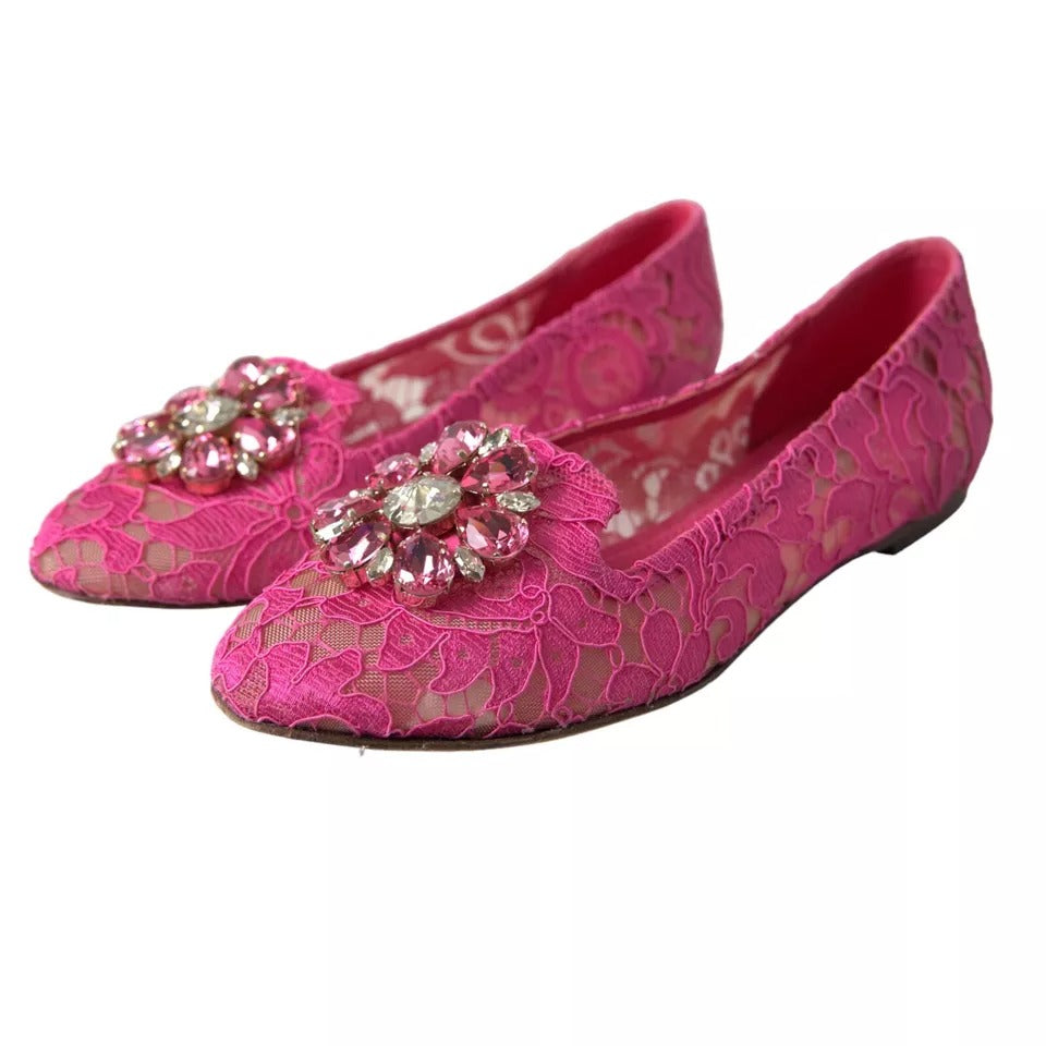 Dolce & Gabbana Pink Lace Crystal Ballet Loafers Shoes Dolce & Gabbana