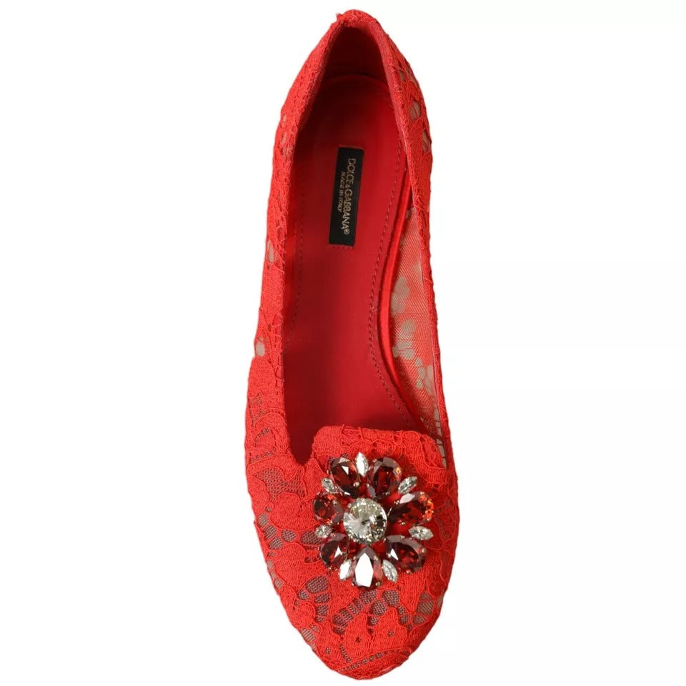 Dolce & Gabbana Red Lace Crystal Ballet Loafers Shoes Dolce & Gabbana