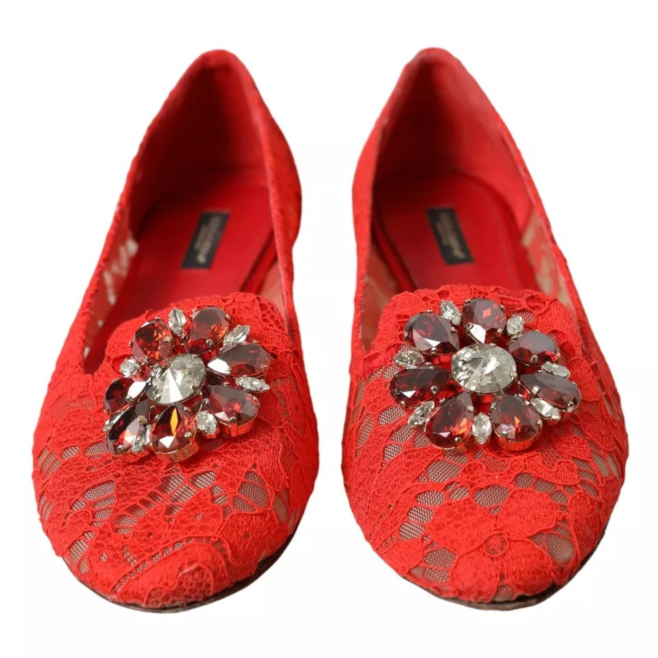 Dolce & Gabbana Red Lace Crystal Ballet Loafers Shoes Dolce & Gabbana