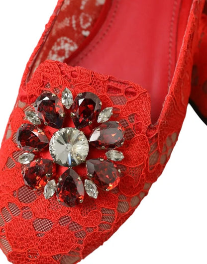 Dolce & Gabbana Red Lace Crystal Ballet Loafers Shoes Dolce & Gabbana