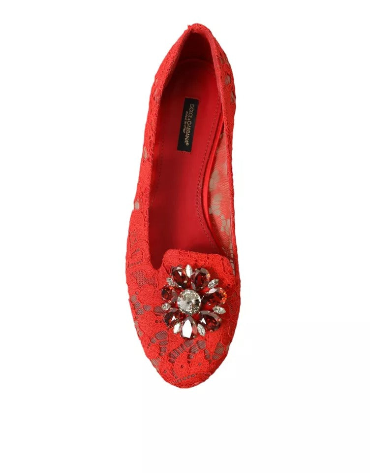 Dolce & Gabbana Red Lace Crystal Ballet Loafers Shoes