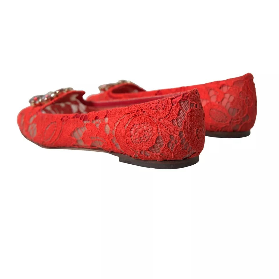 Dolce & Gabbana Red Lace Crystal Ballet Loafers Shoes