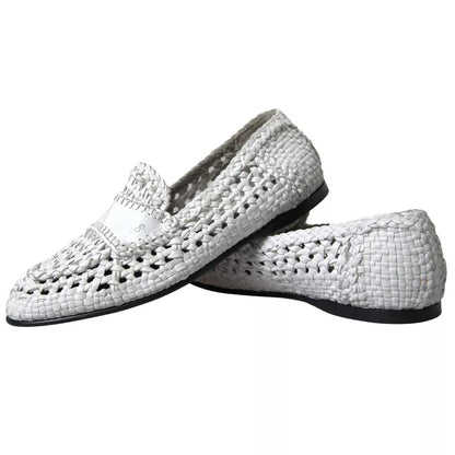 Dolce & Gabbana White Woven Leather Men Slip On Loafers Shoes Dolce & Gabbana