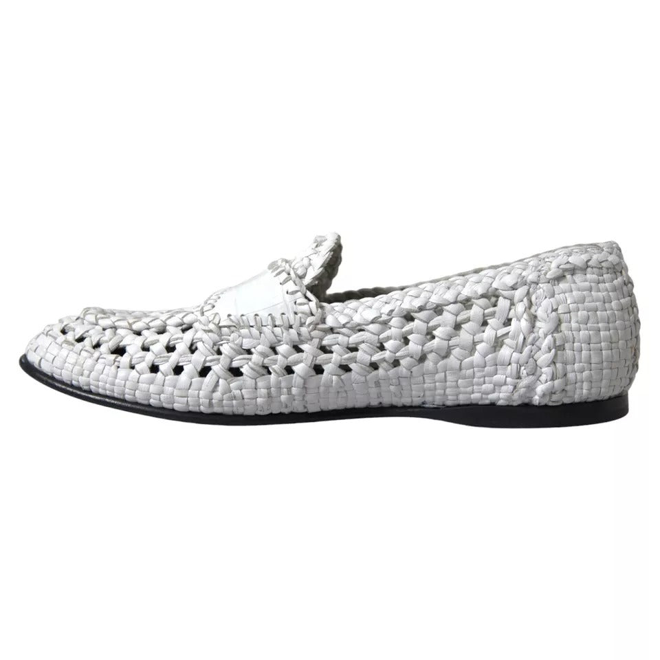 Dolce & Gabbana White Woven Leather Men Slip On Loafers Shoes Dolce & Gabbana