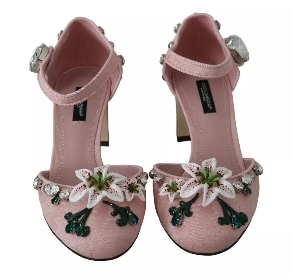 Dolce & Gabbana Pink Brocade Crystal Lily Ankle Strap Shoes Dolce & Gabbana