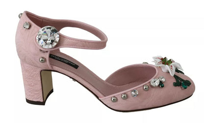 Dolce & Gabbana Pink Brocade Crystal Lily Ankle Strap Shoes Dolce & Gabbana