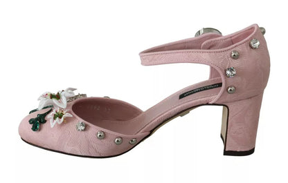 Dolce & Gabbana Pink Brocade Crystal Lily Ankle Strap Shoes Dolce & Gabbana