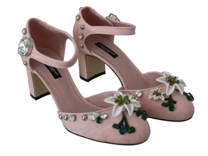 Dolce & Gabbana Pink Brocade Crystal Lily Ankle Strap Shoes Dolce & Gabbana