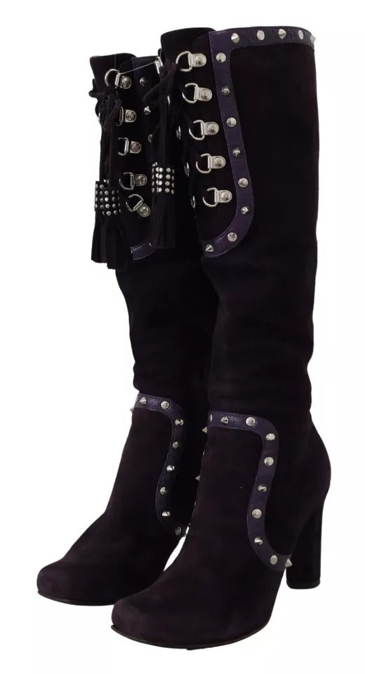 Dolce & Gabbana Purple Suede Leather Studded High Boots Shoes Dolce & Gabbana