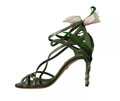 Dolce & Gabbana Acid Green Leather Strappy Flower Heels Sandals Shoes Dolce & Gabbana