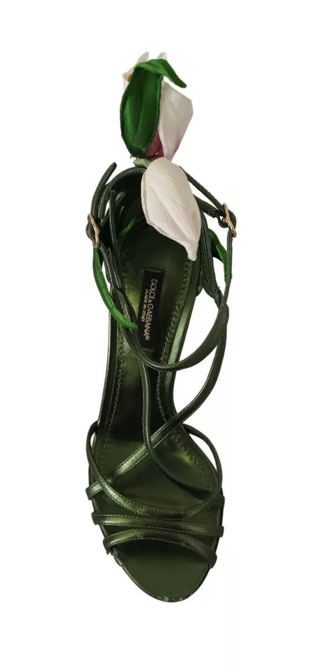 Dolce & Gabbana Acid Green Leather Strappy Flower Heels Sandals Shoes Dolce & Gabbana