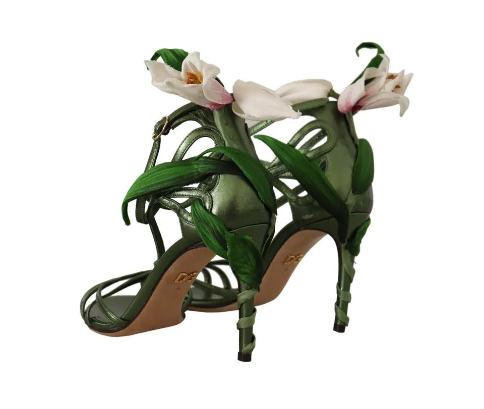 Dolce & Gabbana Acid Green Leather Strappy Flower Heels Sandals Shoes Dolce & Gabbana