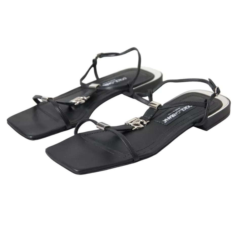 Dolce & Gabbana Black Leather DG Logo Flats Sandals Shoes Dolce & Gabbana