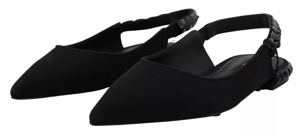 Dolce & Gabbana Black Flats Crystal Slingback Charmeuse Shoes Dolce & Gabbana