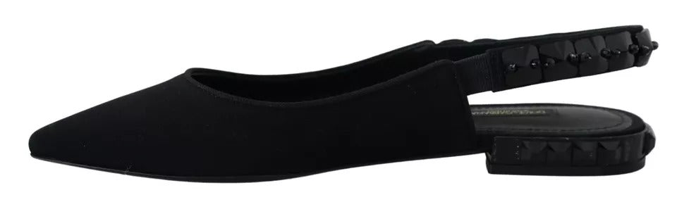 Dolce & Gabbana Black Flats Crystal Slingback Charmeuse Shoes Dolce & Gabbana