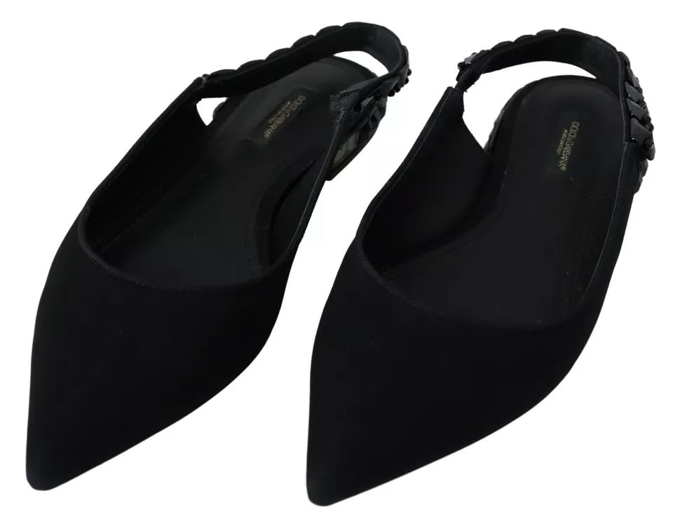 Dolce & Gabbana Black Flats Crystal Slingback Charmeuse Shoes Dolce & Gabbana