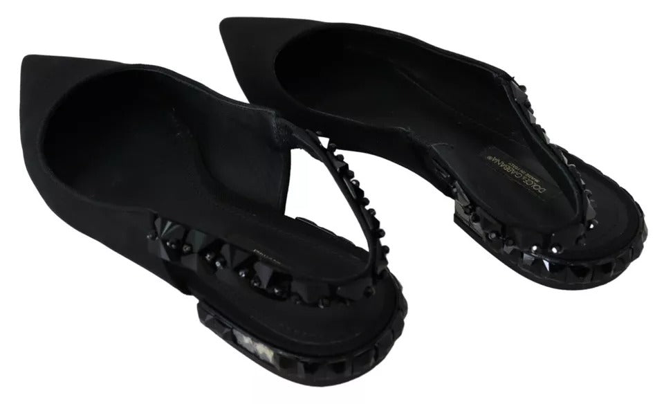 Dolce & Gabbana Black Flats Crystal Slingback Charmeuse Shoes Dolce & Gabbana