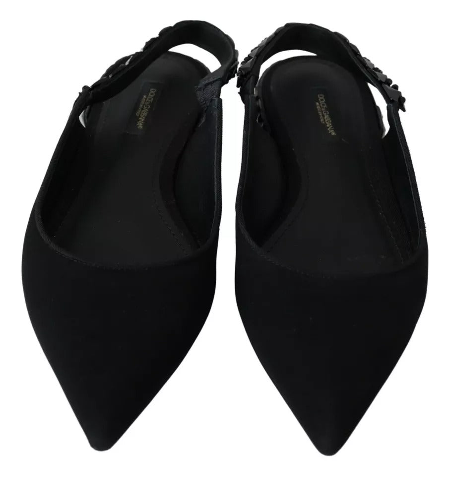 Dolce & Gabbana Black Flats Crystal Slingback Charmeuse Shoes Dolce & Gabbana