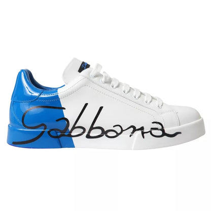 Dolce & Gabbana White Blue Leather Logo Low Top Sneakers Shoes Dolce & Gabbana