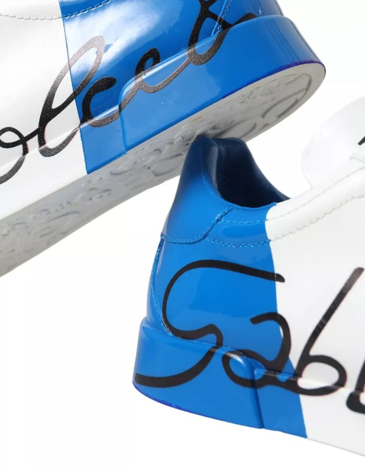 Dolce & Gabbana White Blue Leather Logo Low Top Sneakers Shoes Dolce & Gabbana