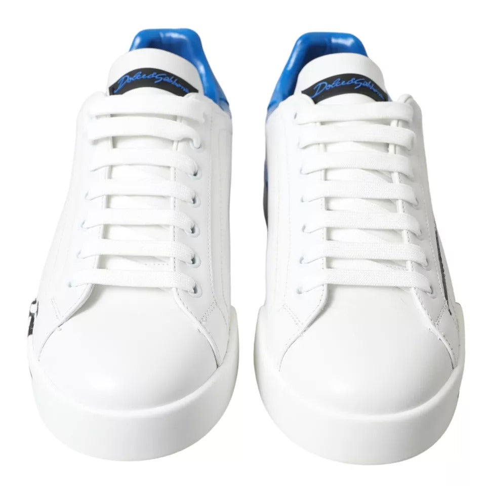 Dolce & Gabbana White Blue Leather Logo Low Top Sneakers Shoes Dolce & Gabbana