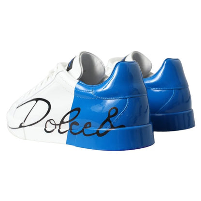 Dolce & Gabbana White Blue Leather Logo Low Top Sneakers Shoes Dolce & Gabbana