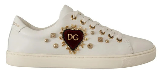 Dolce & Gabbana White Leather Gold Red Heart Sneakers Shoes Dolce & Gabbana