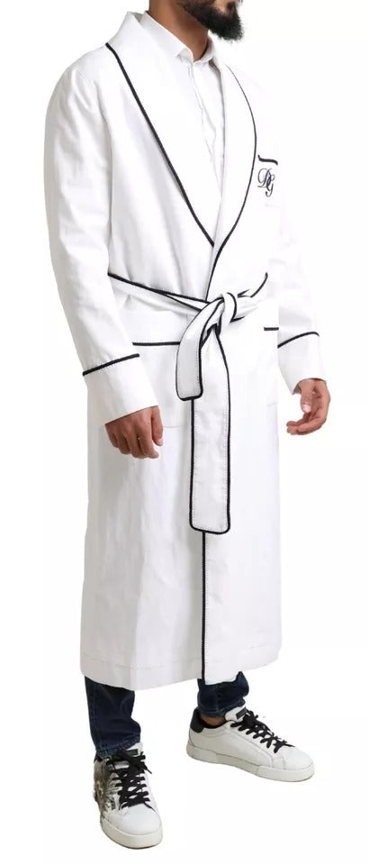 Dolce & Gabbana White Linen Belted Robe DG Logo Sleepwear Dolce & Gabbana