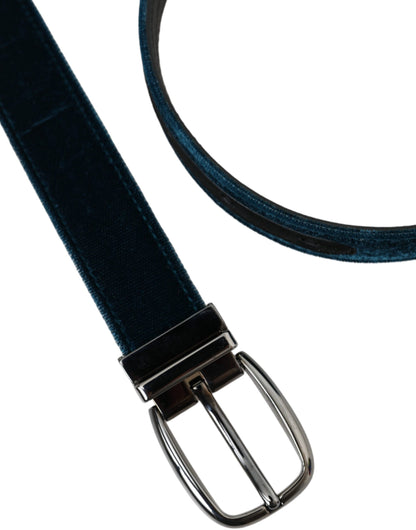 Dolce & Gabbana Blue Velvet Leather Silver Metal Buckle Belt Dolce & Gabbana