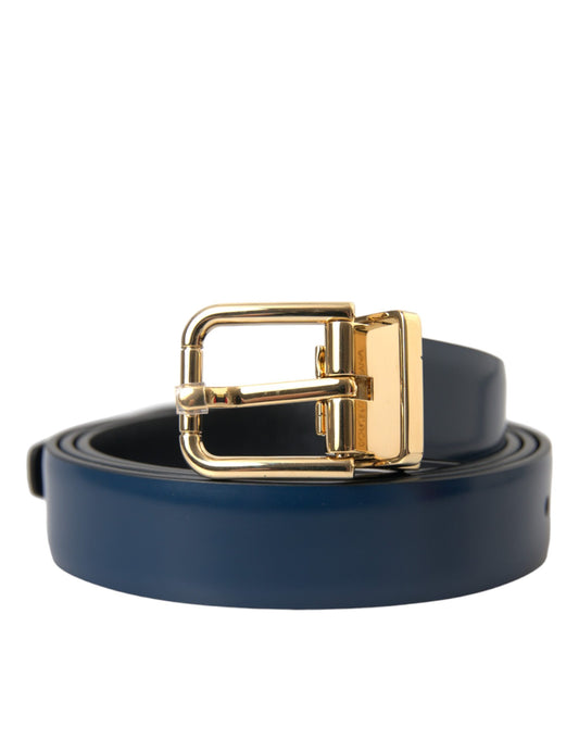 Dolce & Gabbana Blue Calf Leather Gold Metal Buckle Belt Men Dolce & Gabbana