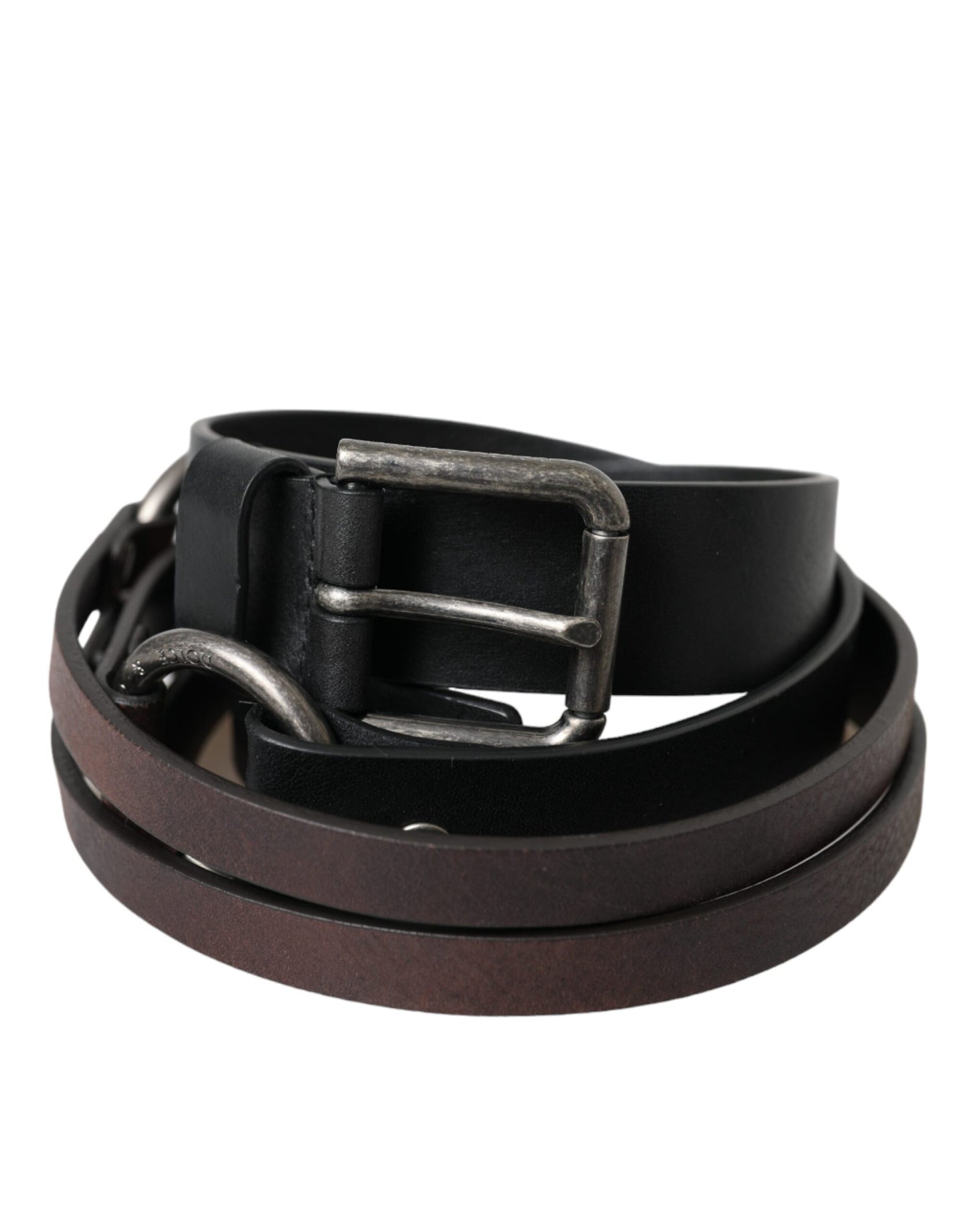 Dolce & Gabbana Black Brown Leather Silver Metal Buckle Belt Dolce & Gabbana