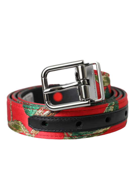 Dolce & Gabbana Red Leather Jacquard Silver Metal Buckle Belt Dolce & Gabbana