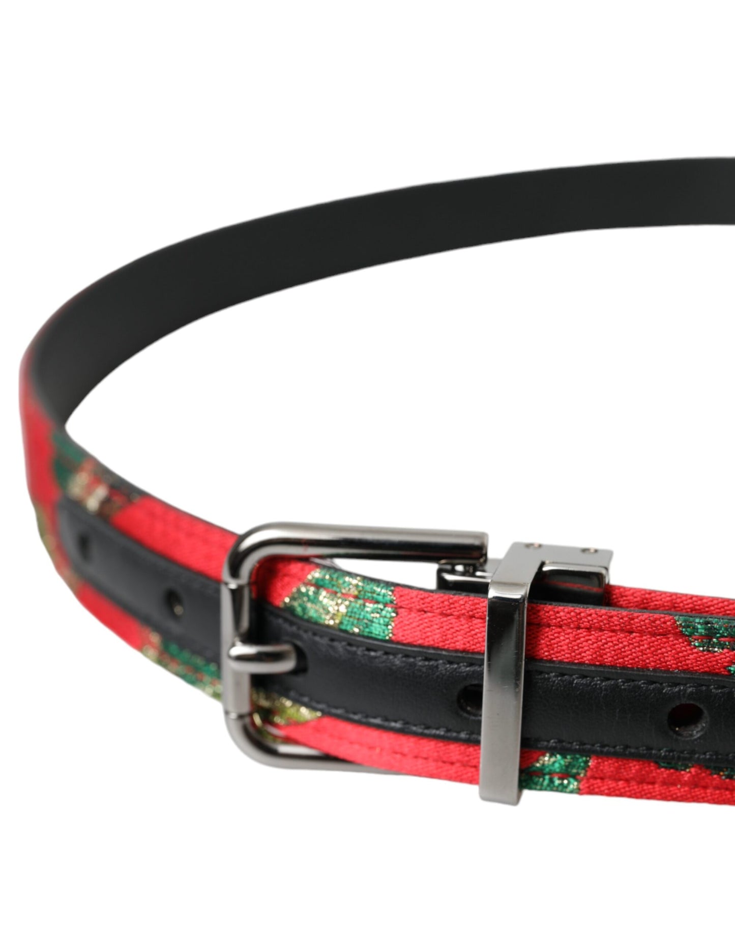 Dolce & Gabbana Red Leather Jacquard Silver Metal Buckle Belt Dolce & Gabbana