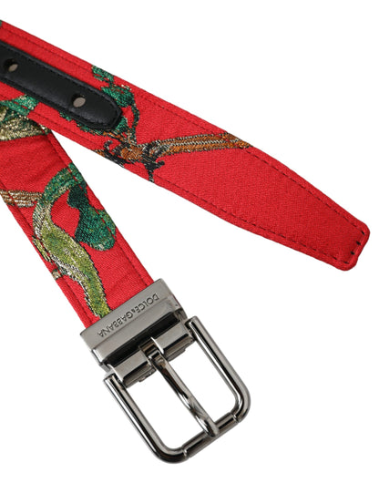 Dolce & Gabbana Red Leather Jacquard Silver Metal Buckle Belt Dolce & Gabbana