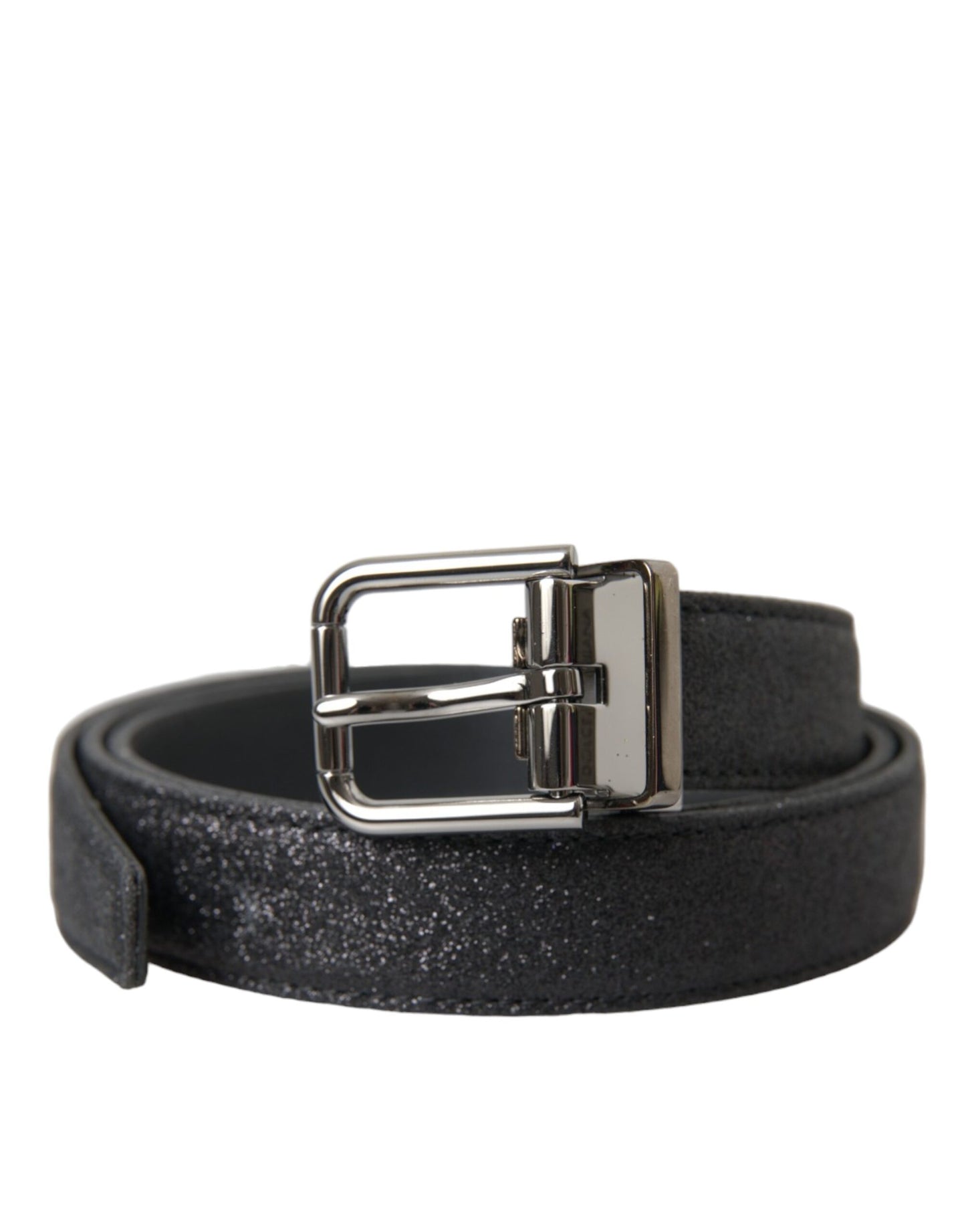 Dolce & Gabbana Black Glittered Leather Silver Buckle Belt Dolce & Gabbana