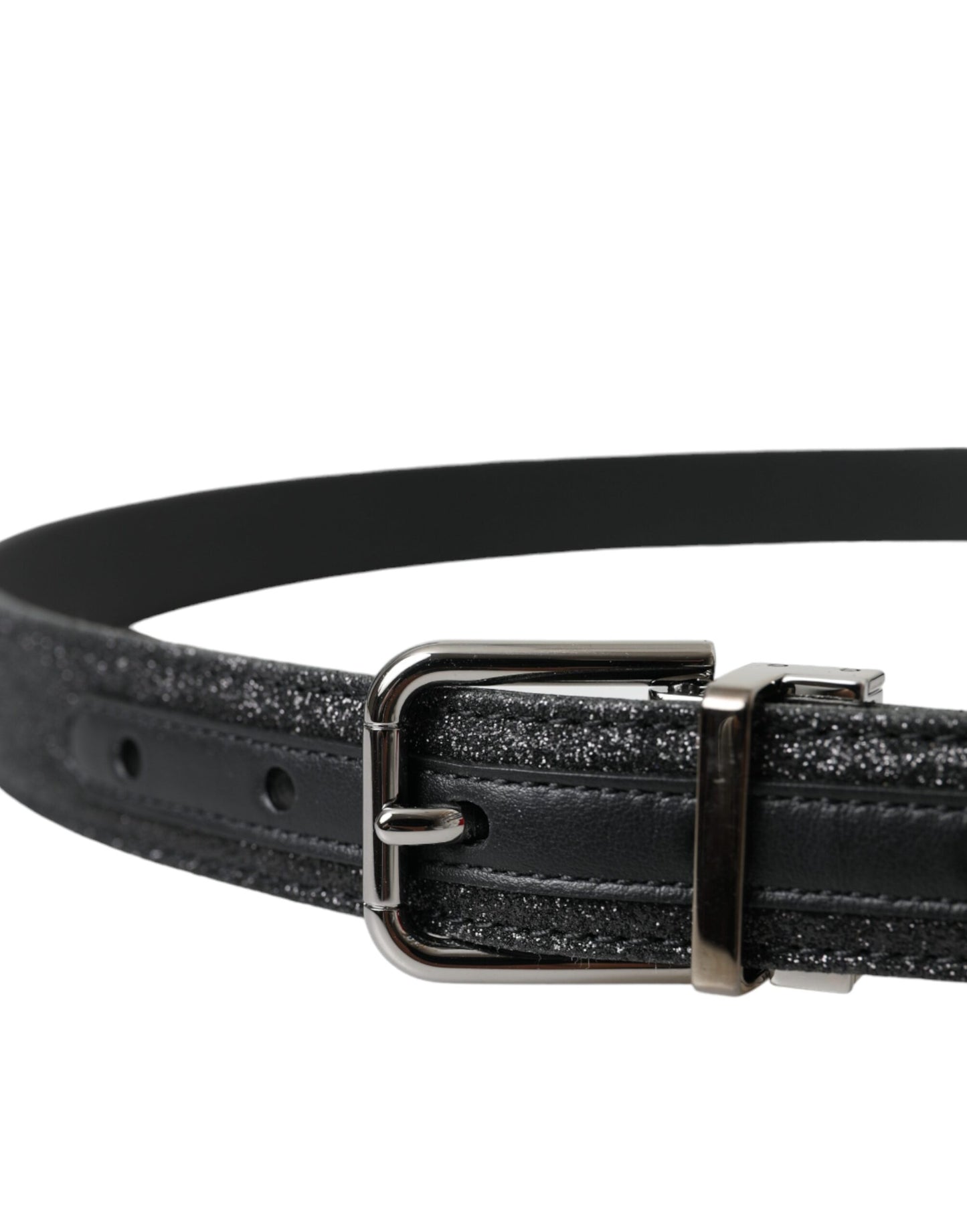 Dolce & Gabbana Black Glittered Leather Silver Buckle Belt Dolce & Gabbana