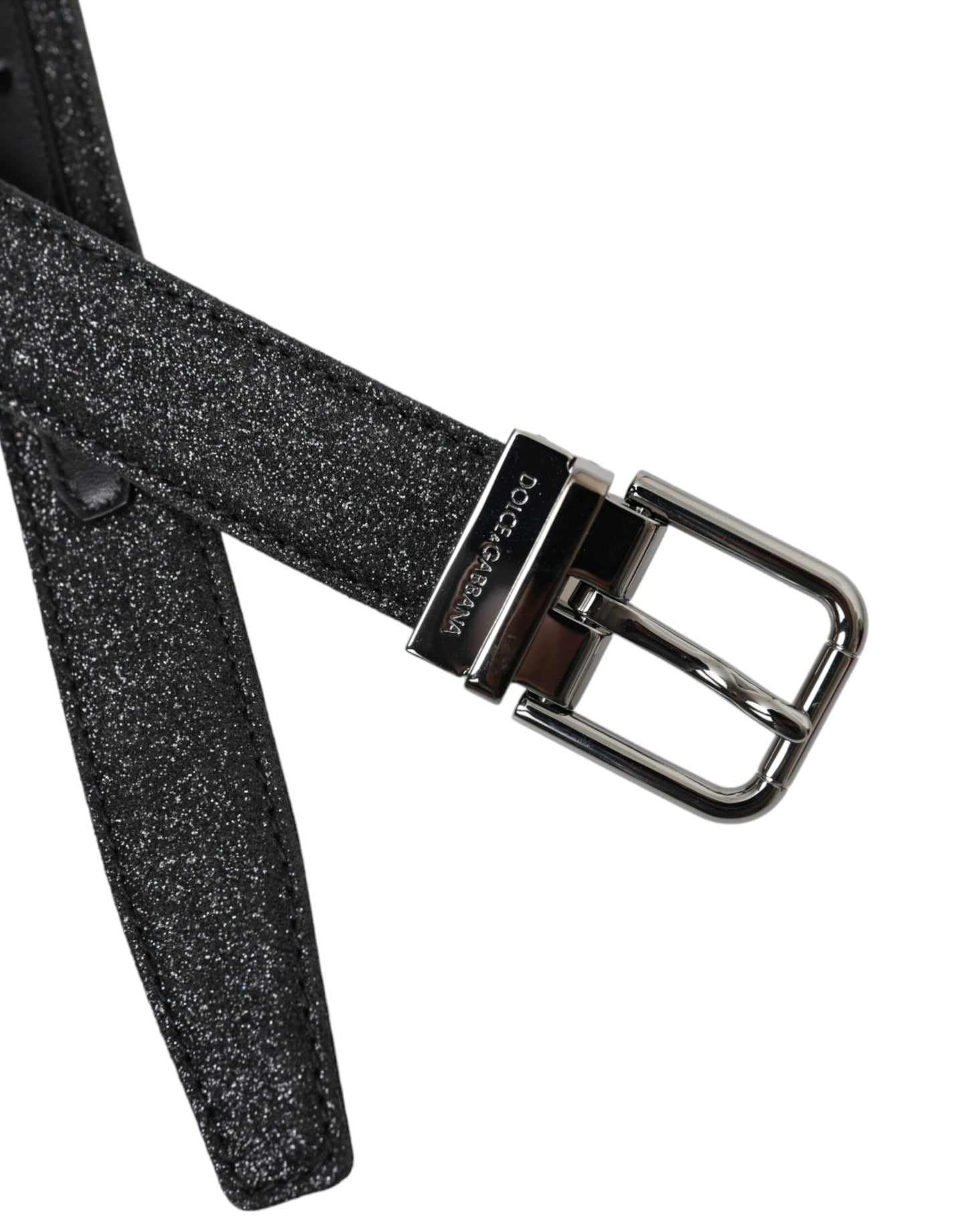 Dolce & Gabbana Black Glittered Leather Silver Buckle Belt Dolce & Gabbana