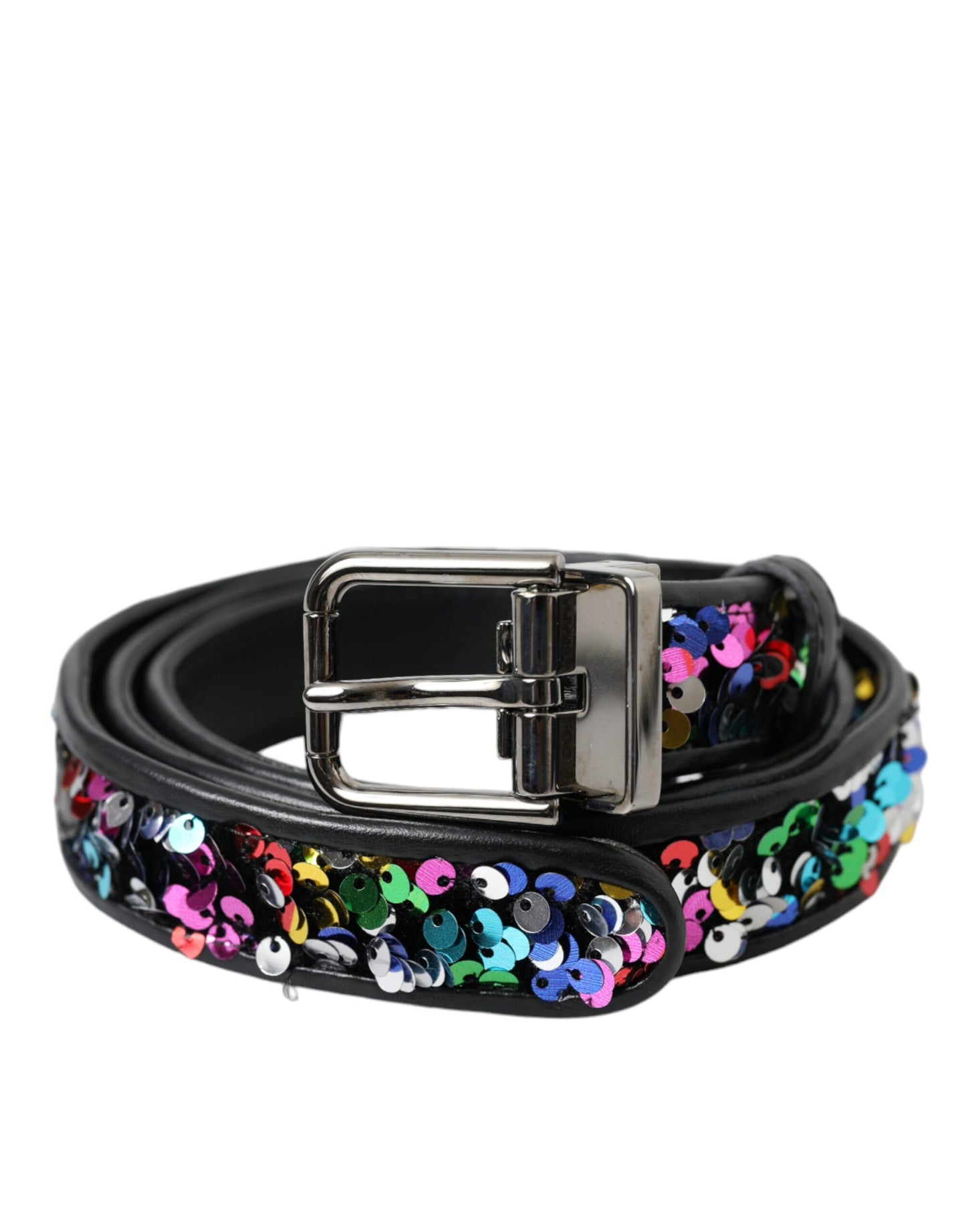 Dolce & Gabbana Black Sequined Silver Metal Buckle Women Belt Dolce & Gabbana