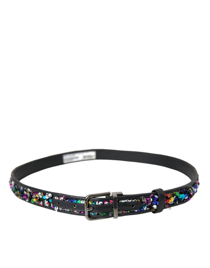 Dolce & Gabbana Black Sequined Silver Metal Buckle Women Belt Dolce & Gabbana