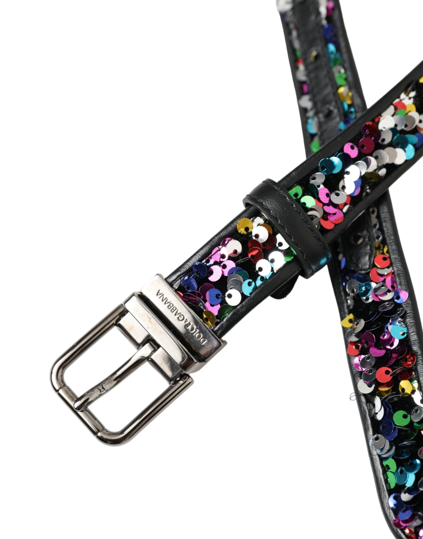 Dolce & Gabbana Black Sequined Silver Metal Buckle Women Belt Dolce & Gabbana