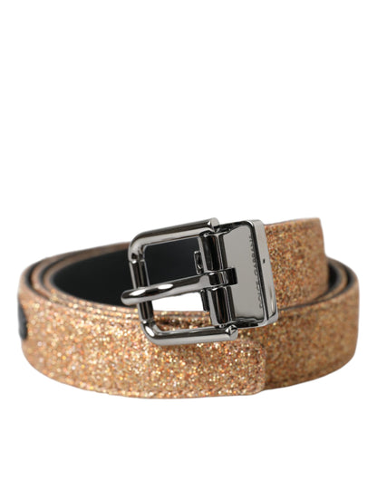 Dolce & Gabbana Gold Glitter Leather Silver Metal Buckle Belt Dolce & Gabbana