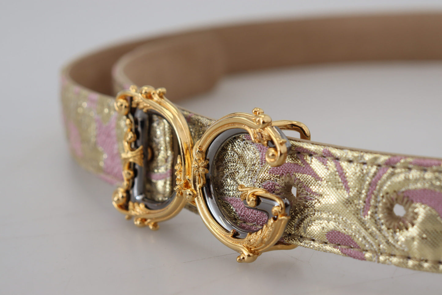 Dolce & Gabbana Pink Jaquard DG Logo Gold Metal Buckle Belt Dolce & Gabbana