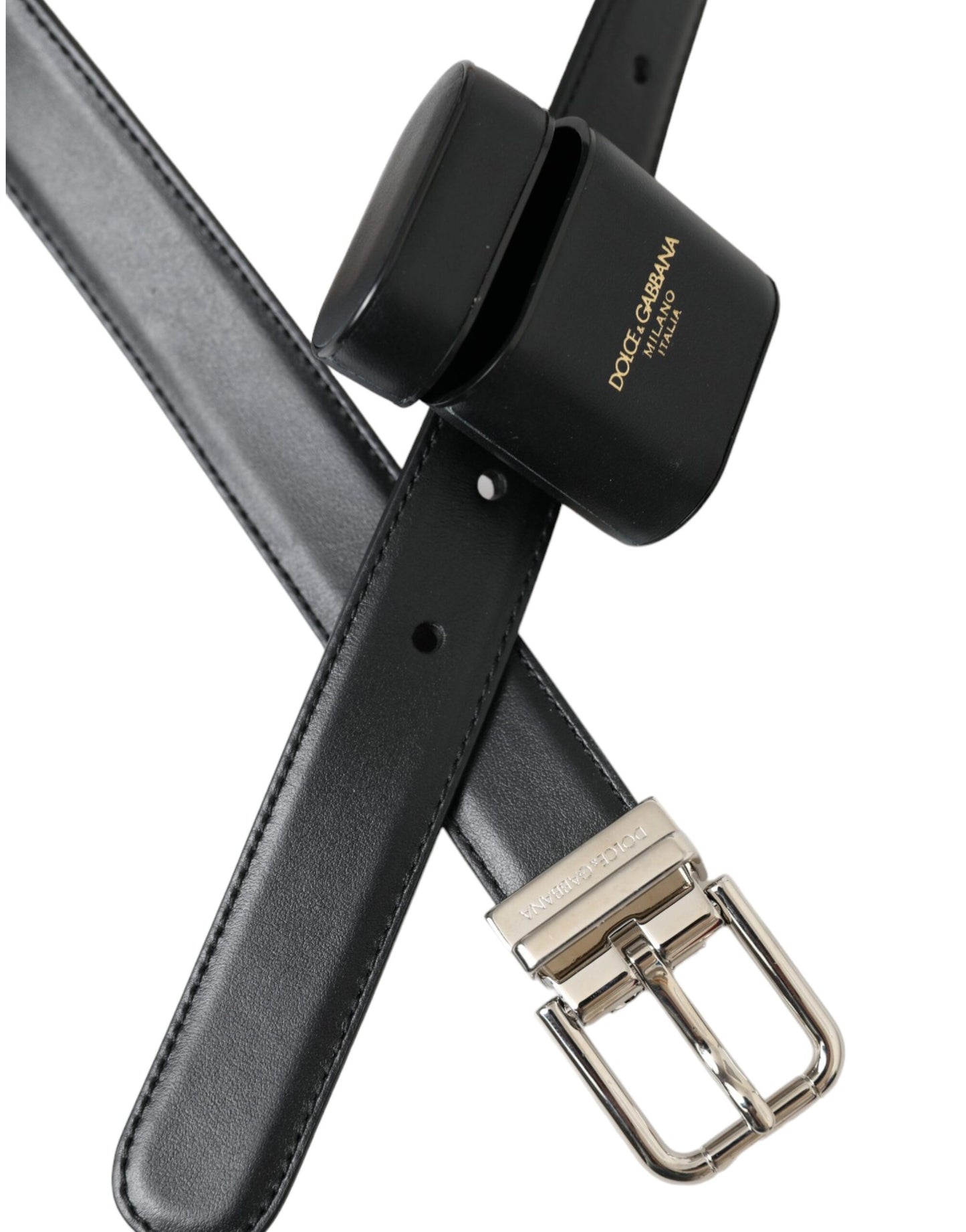 Dolce & Gabbana Black Leather Airpods Case Silver Buckle Belt Dolce & Gabbana