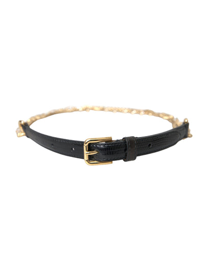 Dolce & Gabbana Black Leather Gold Chain Crystal Waist Women Belt Dolce & Gabbana