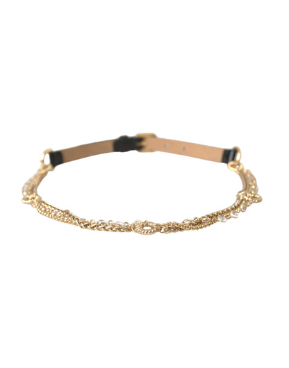 Dolce & Gabbana Black Leather Gold Chain Crystal Waist Women Belt Dolce & Gabbana