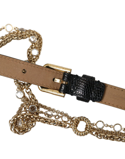 Dolce & Gabbana Black Leather Gold Chain Crystal Waist Women Belt Dolce & Gabbana