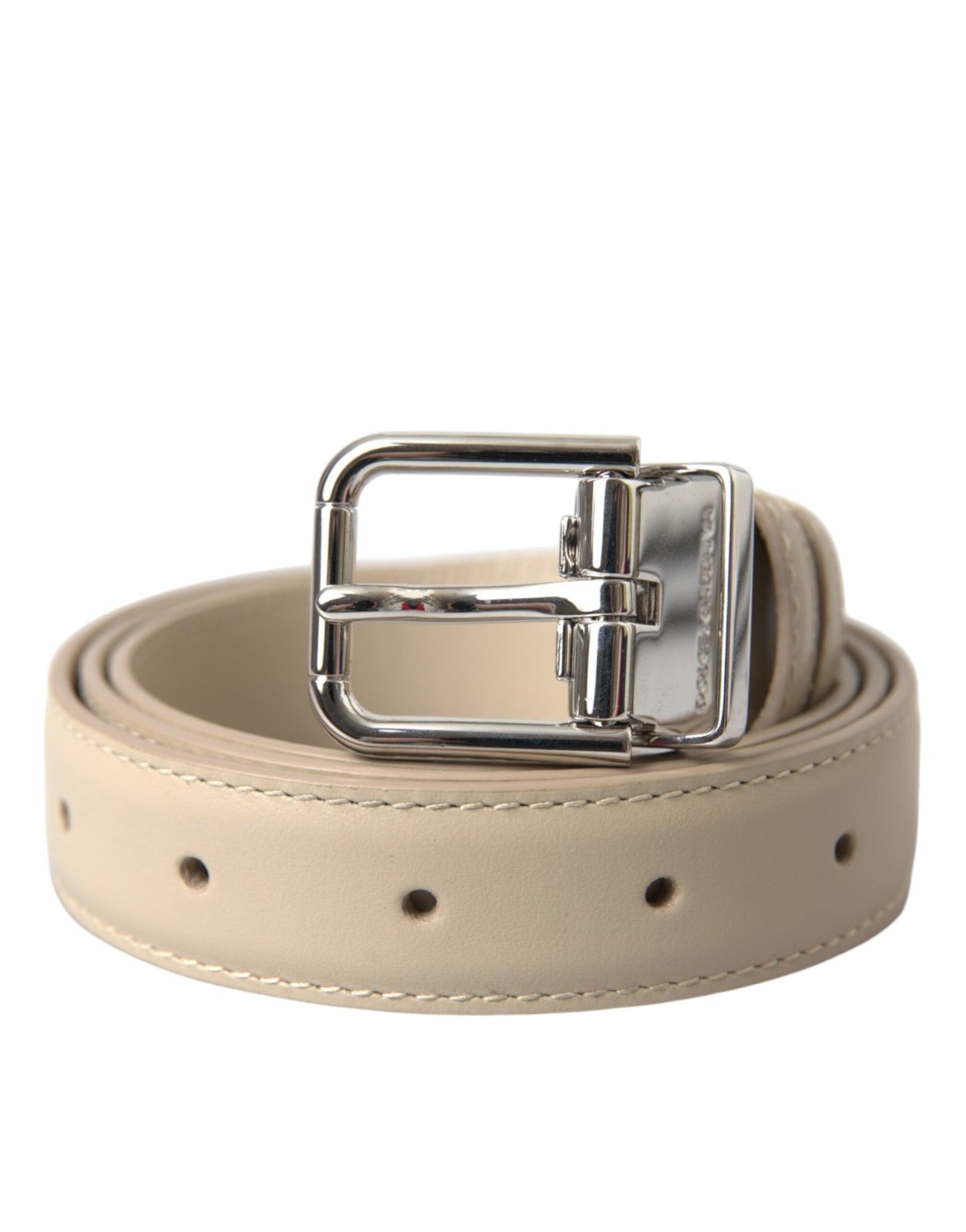 Dolce & Gabbana Beige Calfskin Leather Silver Metal Buckle Belt Dolce & Gabbana